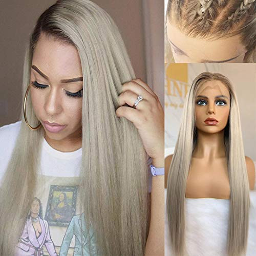 Ombre blonde lace front wig dark brown roots ash blonde lace front wigs long straight heat resistant Synthetic Hair Replacement wigs For Women 13x4 lace front wig Ombre blonde lace front wig dark brown roots ash blonde lace front wigs long straight heat resistant Synthetic Hair Replacement wigs For Women 13x4 lace front wig