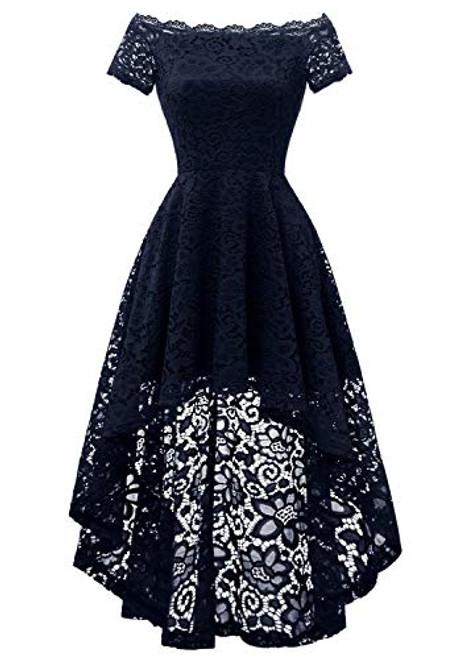 Dressystar Womens Lace Cocktail Dress Hi-Lo Off Shoulder Bridesmaid Swing Formal Party Dress 0042 Navy M