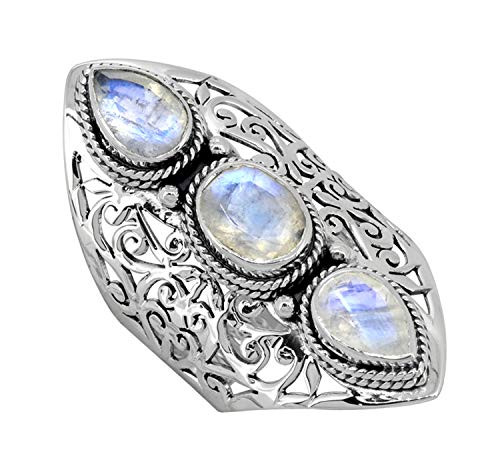 YoTreasure Moonstone Solid 925 Sterling Silver 3 Stone Ring