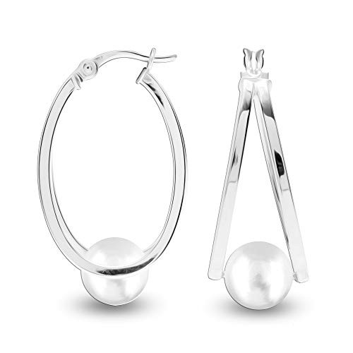 LeCalla Flaunt Sterling Silver Jewelry Pearl Oval Hoop Earrings for Women LeCalla Flaunt Sterling Silver Jewelry Pearl Oval Hoop Earrings for Women