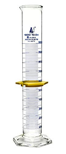 Measuring Cylinder 1000ml - ASTM Class B Tolerance ±6_00ml - Protective Collar Hexagonal Base - Blue Graduations - Borosilicate 3_3 Glass - Eisco Labs