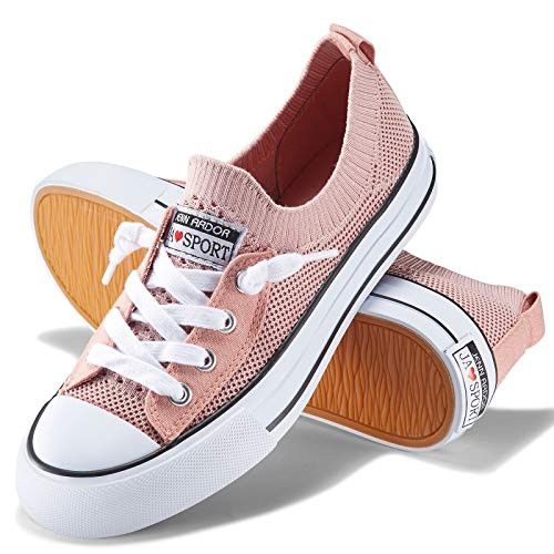 JENN ARDOR Womens Low Top Fashion Sneakers Casual Canvas Shoes Mesh Knit Slip On Sneaker Flats Pink