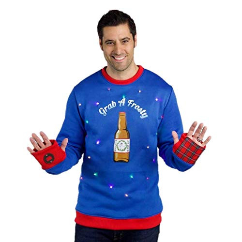 The Ugly Holidays Bottle Opener Ugly Sweater for Men Light Up Funny Santa Tacky Sweater with Lights Beer Xmas Pullover Blue Small - 3XL