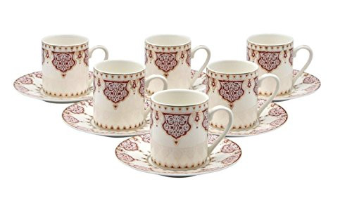 Porcelain Bone China Espresso Turkish Coffee Demitasse Set of 6 Arabesque Pattern Cups  Saucers Red