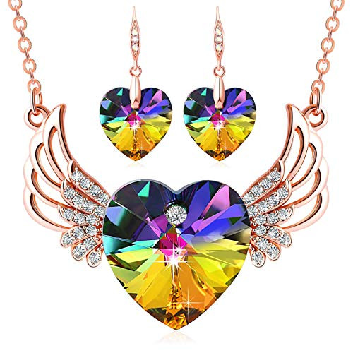 Angel wing Heart Necklace and Earrings Crystals from Swarovski for Women Girls Guardian Angel Pendant with Dainty Jewelry Box Angel wing Heart Necklace and Earrings Crystals from Swarovski for Women Girls Guardian Angel Pendant with Dainty Jewelry Box