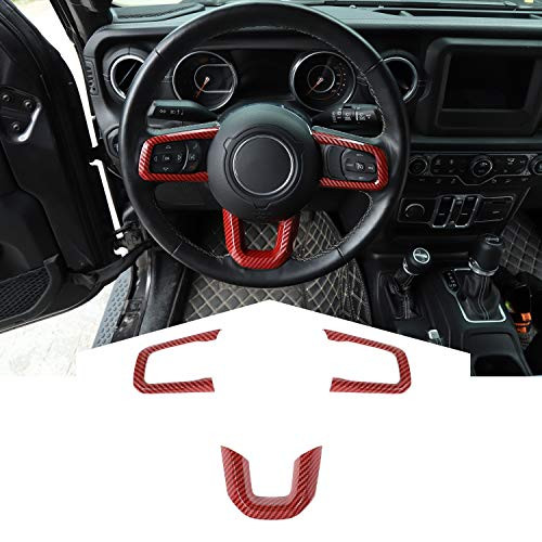 CheroCar for Jeep JL JT Steering Wheel Covers Panel Decoration Interior Accessories for 2018-2020 Jeep Wrangler JL for 2020 Jeep Gladiator JT Red Carbon Fiber Grain 3PACK