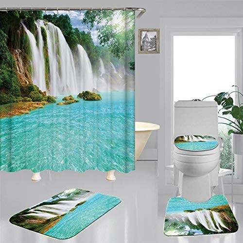 Fashion-Man 16PCSSet 3D Forest Waterfall Waterproof Shower Curtain Fabric Cloth Polyester Bath Curtain Bathroom Rugs Bath Mat Toilet Rug Scenery Bathroom Decor 72x72 Green Forest   Waterfall