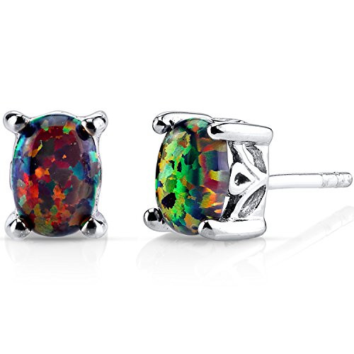 Peora Created Black Opal Stud Earrings in Sterling Silver Solitaire Oval Shape 7x5mm 1 Carat total Scroll Design Friction Backs
