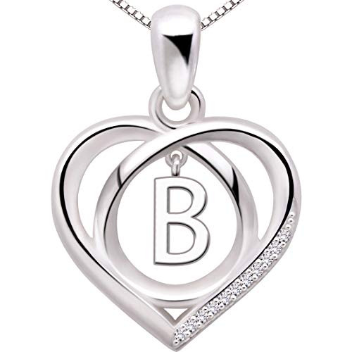 ALOV Jewelry Sterling Silver Initial Letter Alphabet Love Heart Cubic Zirconia Pendant Necklace B