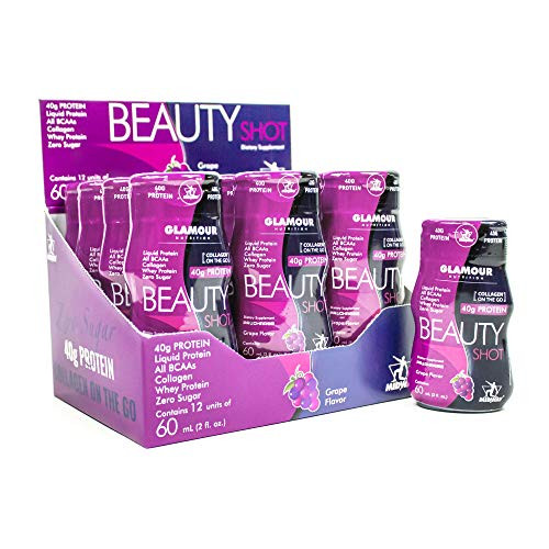 Liquid Collagen Drink Hydrolyzed Collagen Type I and III Beauty Shot 11 Grams of Hydrolyzed Collagen Peptides Grape Flavor - 60 Milliliter Serving 12 Pack