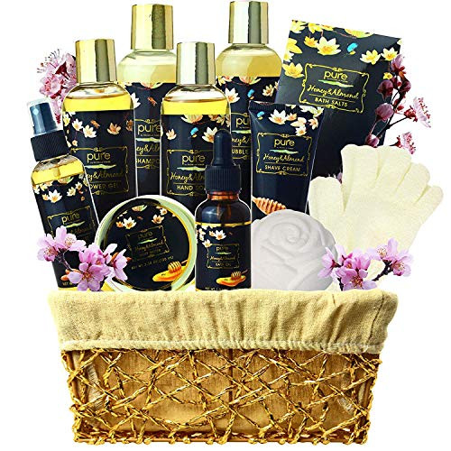 Bath Gift Basket for Women Spa Gift Basket for Relaxing at Home Spa Kit_ PURE Bath Sets for Women are the 1 Choice in Spa Baskets and Womens Gift Baskets Honey Almond Spa Set