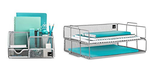Mindspace Office Desk Organizer with 6 Compartments  2 Tier Stackable Letter Tray  The Mesh Collection Silver