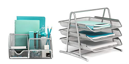 Mindspace Office Desk Organizer with 6 Compartments  3 Tray Letter Organizer  The Mesh Collection Silver