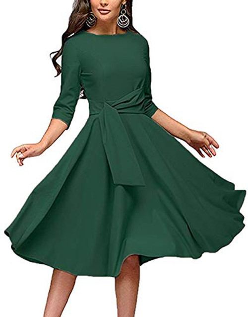Womens Elegance Audrey Hepburn Style Ruched Dress Round Neck 34 Sleeve Sleeveless Swing Midi A-line Dresses with Pockets Green