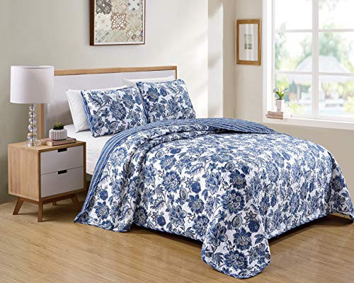 Luxury Home Collection 2 Piece TwinTwin XL Quilted Reversible Coverlet Bedspread Set Floral Printed White Navy Blue