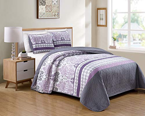 Luxury Home Collection 2 Piece TwinTwin XL Quilted Reversible Coverlet Bedspread Set Floral Printed Lavender Purple White Gray