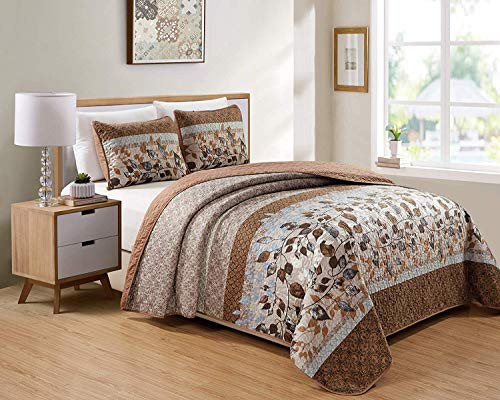 Luxury Home Collection 2 Piece TwinTwin XL Quilted Reversible Coverlet Bedspread Set Floral Printed Leaves Taupe Beige Brown Light Blue Rust