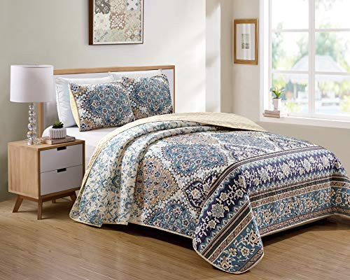 Luxury Home Collection 2 Piece TwinTwin XL Quilted Reversible Coverlet Bedspread Set Floral Printed Navy Blue Turquoise Taupe