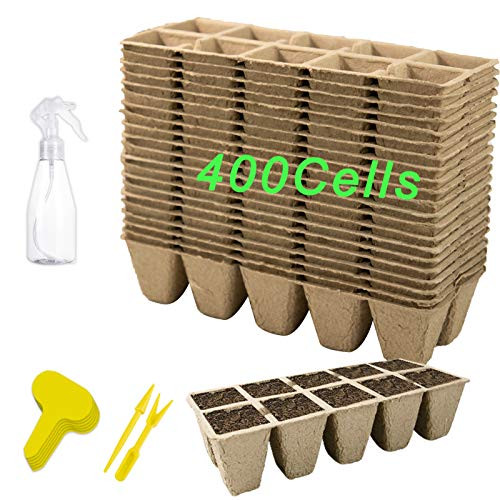 400Cells Seedling Start Trays 40Pack Peat Pots Seedling Pots Biodegradable Seed Starter Kit Organic Germination Trays for Outdoor Indoor Plant with 400Labels 2 Transplant Tools 1 Spray Bottle