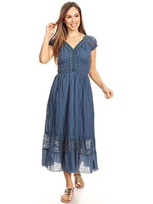 Anna-Kaci Renaissance Peasant Maiden Boho Inspired Cap Sleeve Lace Trim Dress Blue XX-Large