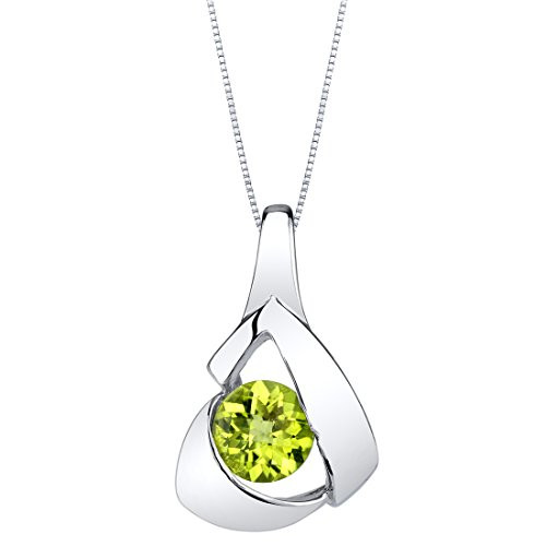 Peora Peridot Pendant Necklace in Sterling Silver Chiseled Solitaire Design Round Shape 6mm 1 Carat with 18 inch Chain