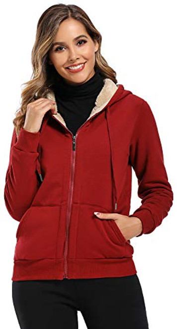 Obosoyo Womens Casual Winter Warm Sherpa Lined Thick Zip Up Hooded Sweatshirt Jacket Coat WineRed XL