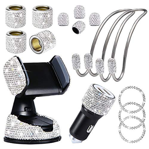 TZARROT 15 Pack Bling Car Accessories Set for Women Bling Car Phone Holder Mount Bling Car Headrest Collars Rings Bling Car Hooks Bling Dual USB Car Charger Bling Tire Valve Stem Caps White 15