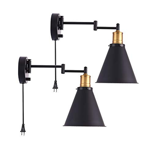 Larkar Industrial Plug in Wall Sconces Lamp Swing Arm Wall Lamp with OnOff Switch Metal Black Wall Mounted Reading Light Fixture for Indoor Bedroom Bedside - Set of 2
