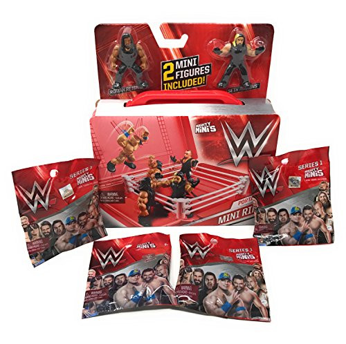 WWE Mighty Minis Portable Mini Ring Includes 2 Mini Figures Plus 4 Series 1 Mighty Minis Action Figure Blind Bags Bundle