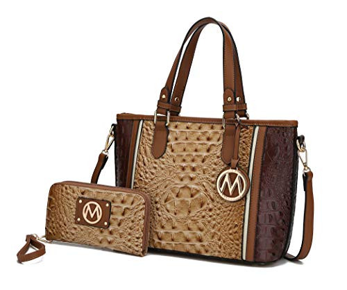 MKF Crossbody Tote Bag for Women   Wristlet Wallet Purse Set  PU Leather Top-Handle Satchel Shoulder Handbag Taupe Chocolate