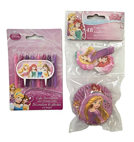 Princess Birthday Candles Cake Decoration Cupcake Liners Combo Pack - Set of 8 Themed Birthday Candles with Cake Topper and 18 Cupcake Liner Baking Cups with Cupcake Topper Picks (Princess)