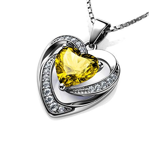 DEPHINI - Yellow Heart Necklace - 925 Silver Heart Pendant Embellished with Crystal 18 inch Sterling Silver Chain Jewelry Box DEPHINI - Yellow Heart Necklace - 925 Silver Heart Pendant Embellished with Crystal 18 inch Sterling Silver Chain Jewelry Box