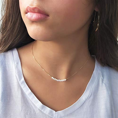 White Opal Beaded Necklace Tiny 3mm Opal Bead Minimalist Jewelry 14k gold filled box chain 16 inch extension Gift Women Girl Necklace