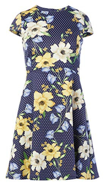 Jessica Howard Womens Cap Sleeve Printed Fit and Flare Dress with Curved Waist Seam NavyMulti 16