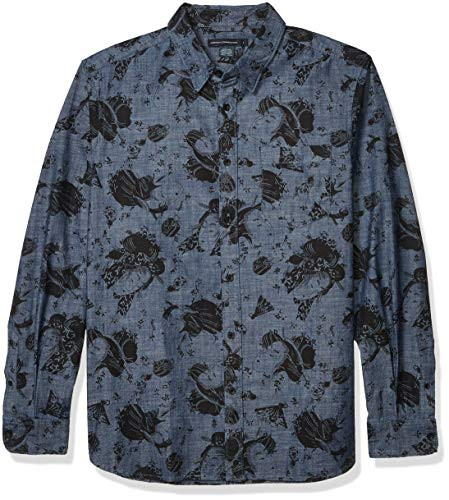 French Connection Mens Long Sleeve Regular Fit Button Down Shirt Mimas Chambray Print M