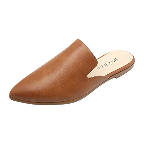 MAYPIE Womens Flat Mules Closed Pointed Toe Slip On Loafer Slides Backless Shoes Brown 10 BM US