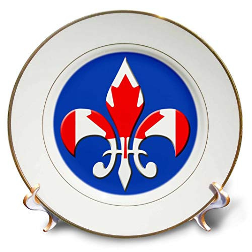 3dRose cp_33674_1 Large Fleur De Lis on Blue Background with Canadian Flag Overlay Porcelain Plate, 8"