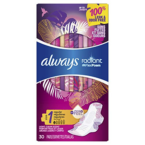 Always Radiant Feminine Pads for Women Size 1 Regular Absorbency Light Clean Scent 30 Count- Pack of 6 180 Count Total Artwork May Vary