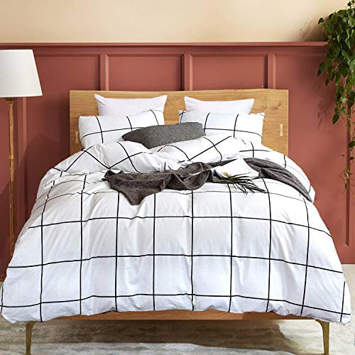Luxlovery White Grid Duvet Cover Sets Twin Cotton 3 Pieces Bedding Set White and Black Checkered Gingham Plaid Soft Breathable Duvet Cover with 2 Pillowcase
