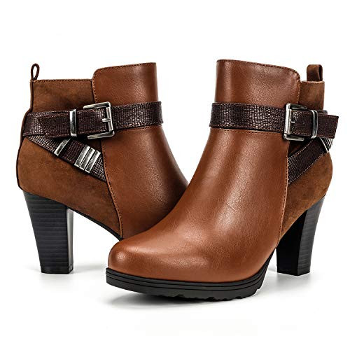 mysoft Womens Zipper Bootie Chunky Stacked Heel Ankle Boots Buckle Strap Ankle BRW004-7 Brown