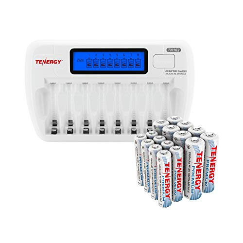 Combo Tenergy TN162 8-Bay Smart LCD AAAAA NiMHNiCd Charger  8xAA and 8xAAA Premium NiMH Rechargeable Batteries