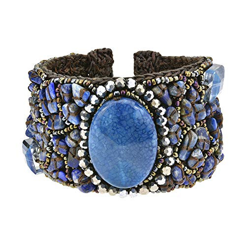 Neutral Enchantment Oval Reconstructed Agate and Simulated Blue Lapis Lazuli Handmade Cuff Bracelet