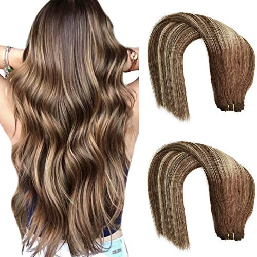 16Inch Weave Human Hair Bundle 100 Remy Hair Balayage Medium Brown to Medium Brown with Honey Blonde Highlights Double Weft Full Head Silky Straight Brazilian Weft Sew in Hair Extensions 100g 16Inch Weave Human Hair Bundle 100 Remy Hair Balayage Medium Brown to Medium Brown with Honey Blonde Highlights Double Weft Full Head Silky Straight Brazilian Weft Sew in Hair Extensions 100g