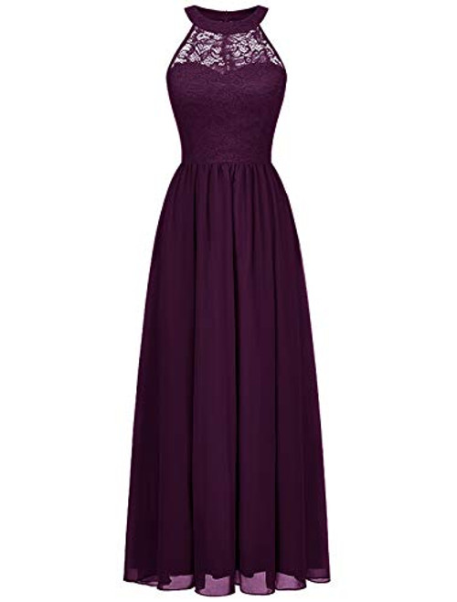 Wedtrend Halter Floral Lace Long Chiffon Bridesmaid Dress Cocktail Party Formal Maxi Dress WT0201GrapeL