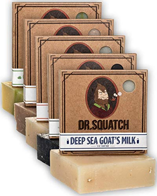 Dr_ Squatch Mens Soap Sampler Pack 5 Bars  Cool Fresh Aloe Gold Moss Pine Tar Cedar Citrus Deep Sea Goats Milk Bars  Natural Manly Scented Organic Soap for Men 5 Bar Bundle Set