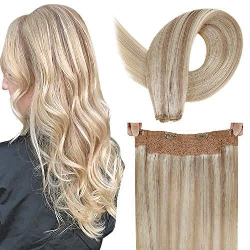 LaaVoo 14inch Straight Halo Human Hair Extensions Halo Hair Highlight Color Ash Blonde Mixed Bleach Blonde 80g Per Pack 11inch Width Straight Remy Halo Hair Extensions