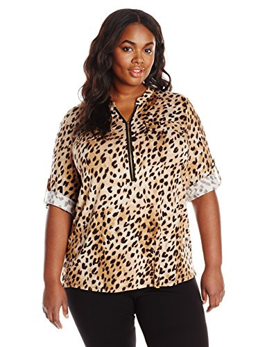 Calvin Klein Womens Modern Essential Zip Front Roll Sleeve Blouse Standard and Plus BlackNeutral Exotica 1X