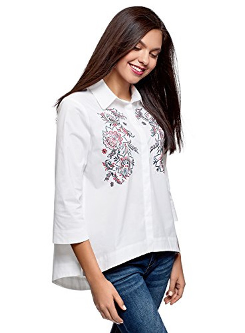 oodji Ultra Women's Relaxed-Fit Embroidered Shirt, White, 6