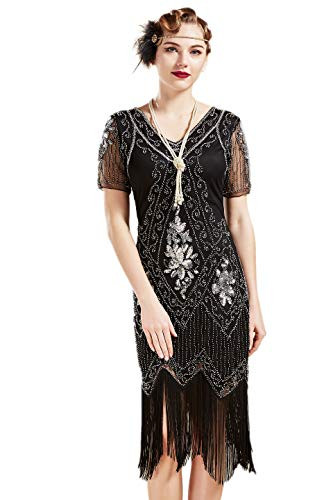 BABEYOND 1920s Art Deco Fringed Sequin Dress 20s Flapper Gatsby Costume Dress Black Silver Medium