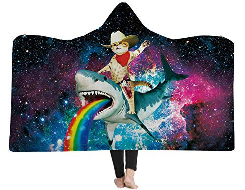Hooded Blanket Adult Wearable Blanket Hood Poncho 3D Cat Riding A Shark Plush Blanket Men Women Throw Sherpa Fleece Soft Novelty Blanket Bed Home Sofa 60X80 Inch